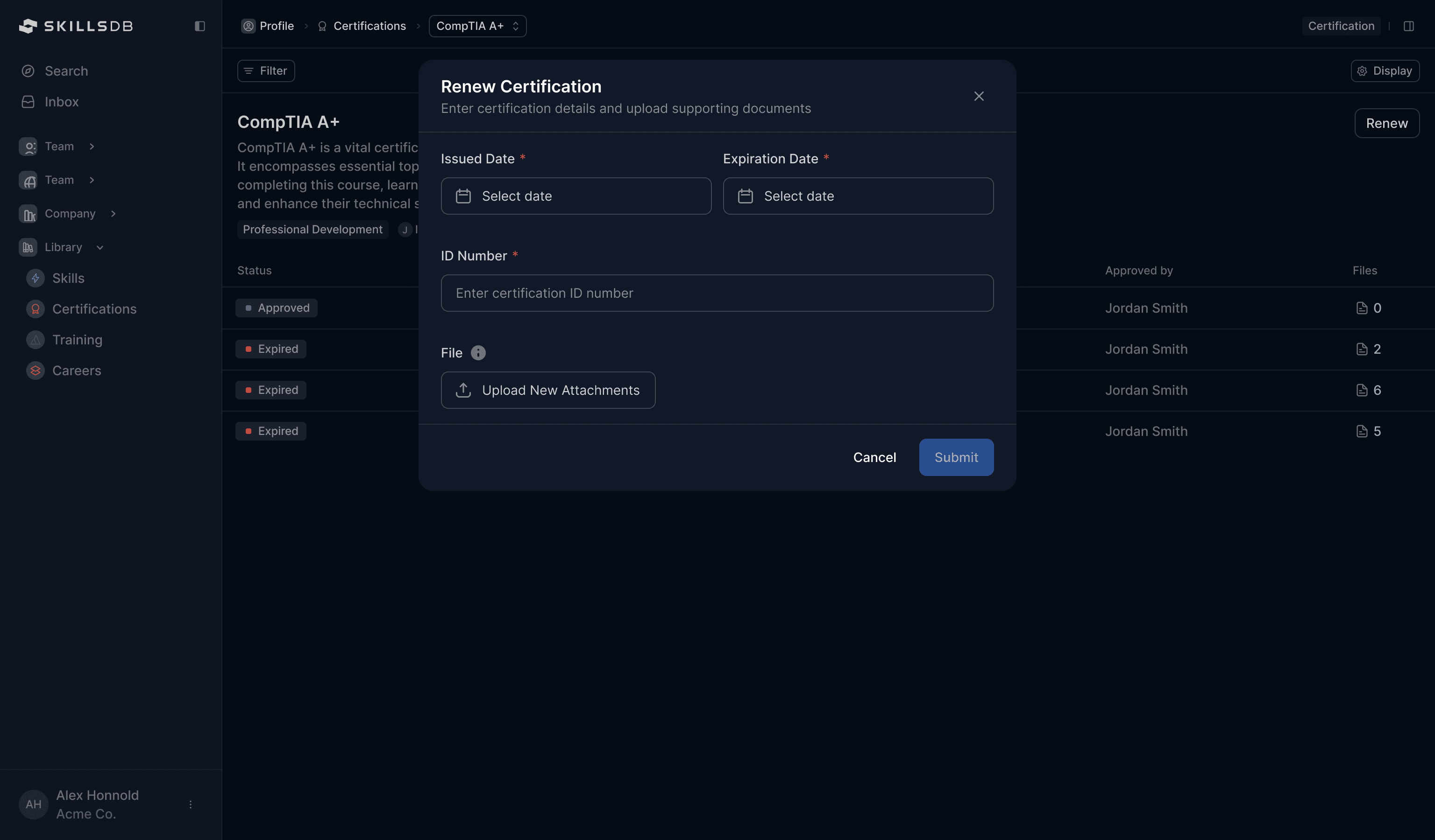 Renew Certification modal showing Issued Date, Expiration Date, ID Number, and file upload fields with Submit button