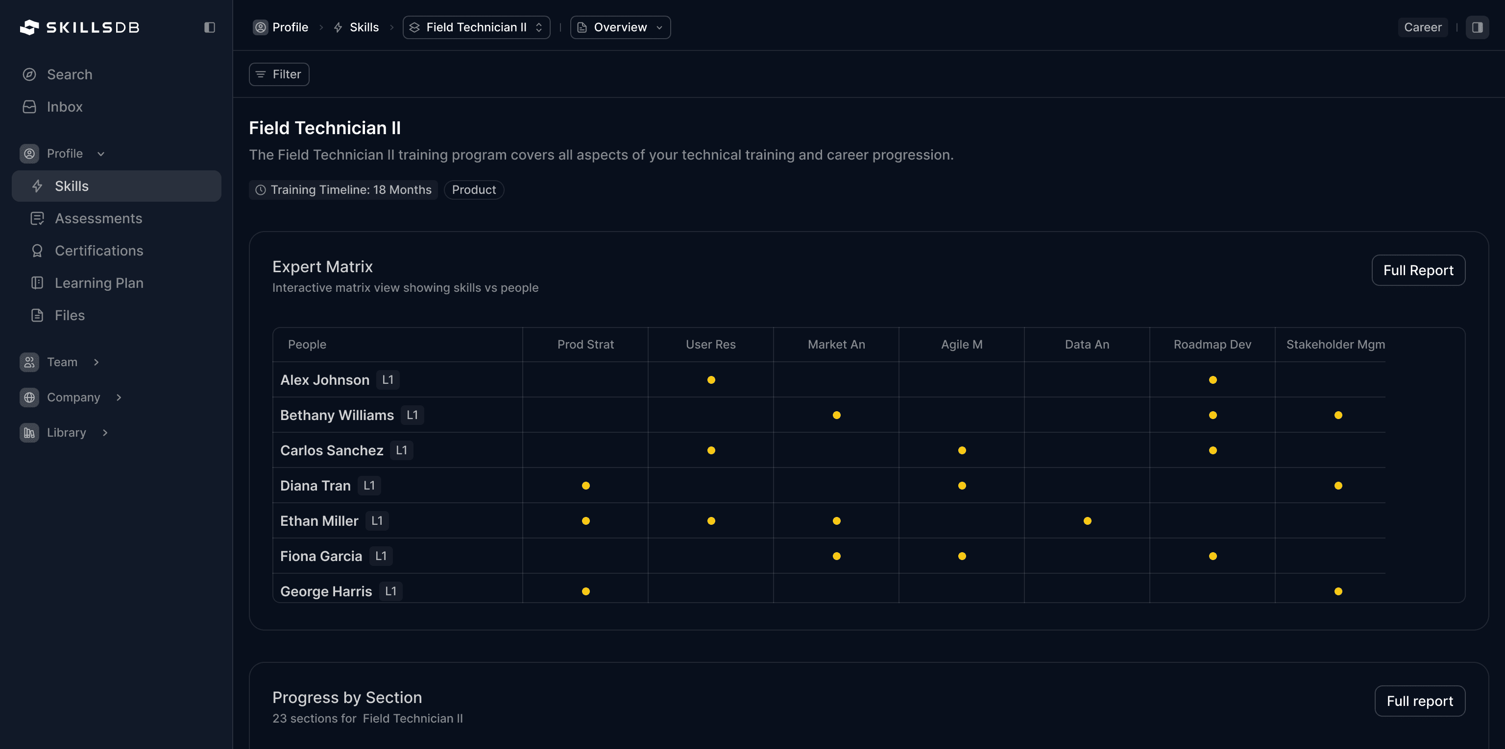 Flag Matrix view showing a grid of people (rows) × skills (columns) with colored flag indicators — FlagPill badges showing designations like “Expert”, “Trainer”, “Mentor” across team members, with filtering controls visible in the toolbar