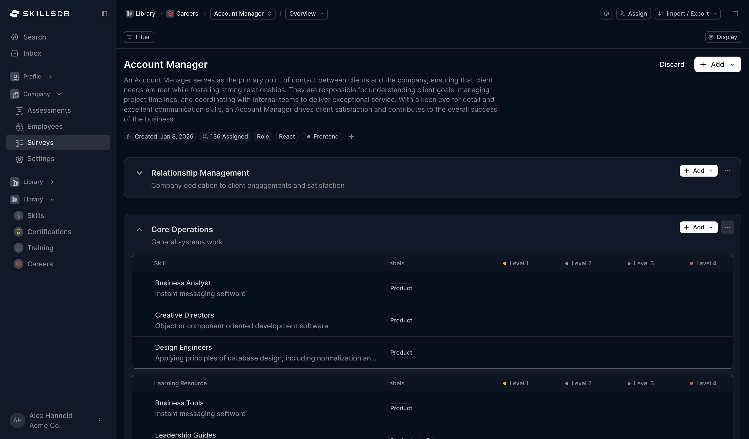 Full-screen Careers Library table showing a portfolio of careers organized by Career Type, with columns for People Assigned, Skills Count, Labels, and Settings status — demonstrating the admin’s view of the entire job architecture.