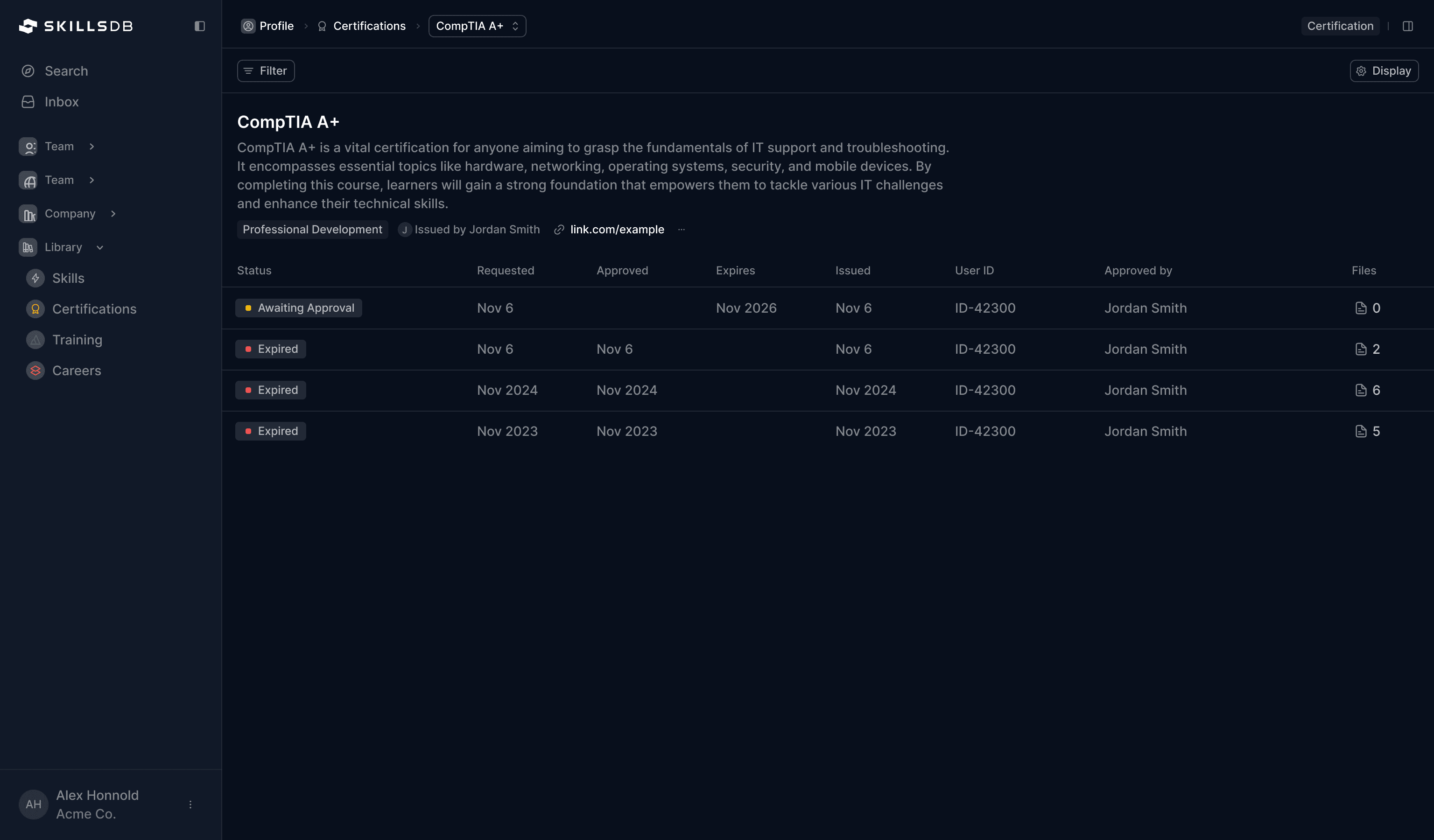 SkillsDB certification detail view showing CompTIA A+ with renewal history and approval status