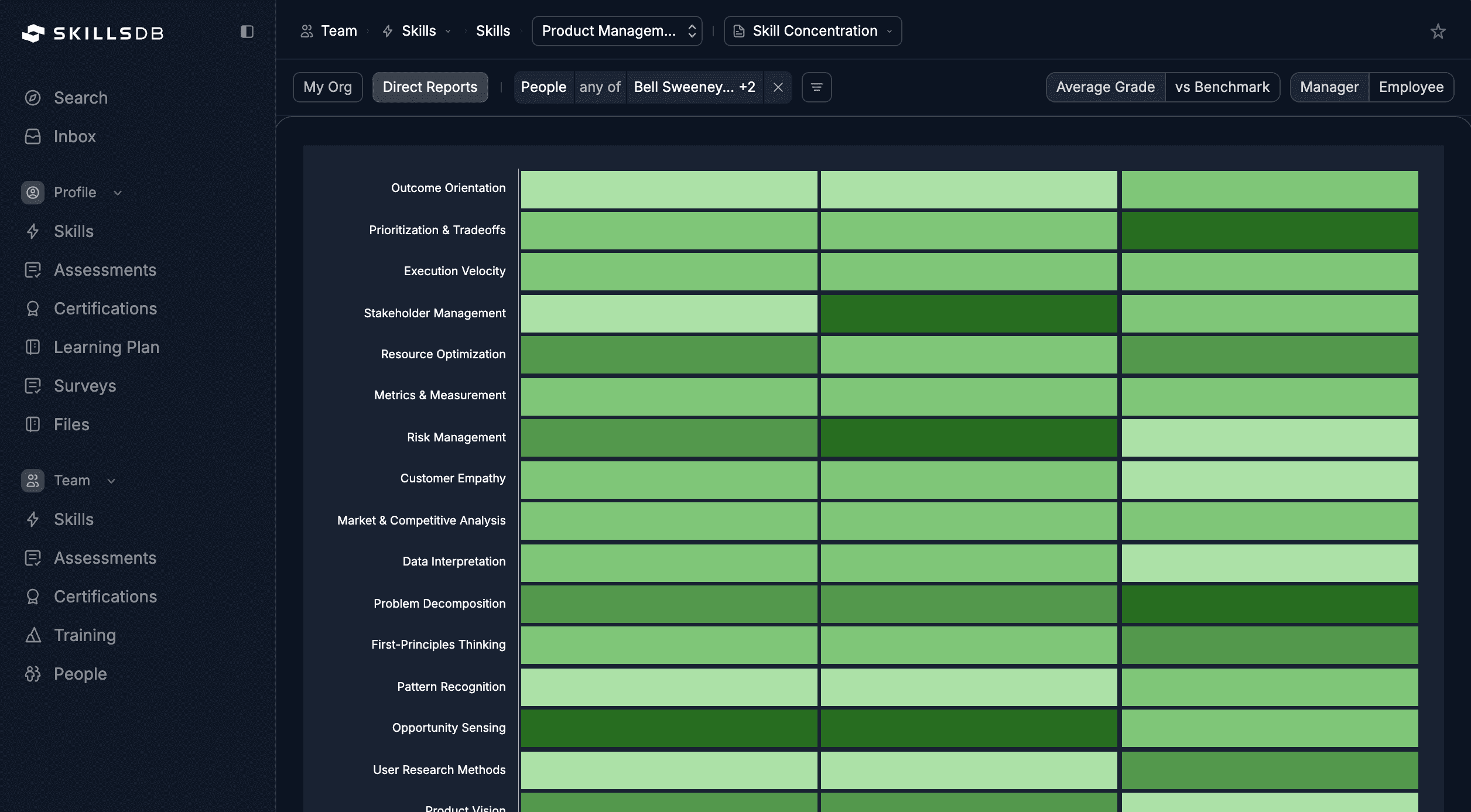 SkillsDB Skills Matrix showing skill concentration heatmap across team members for succession planning