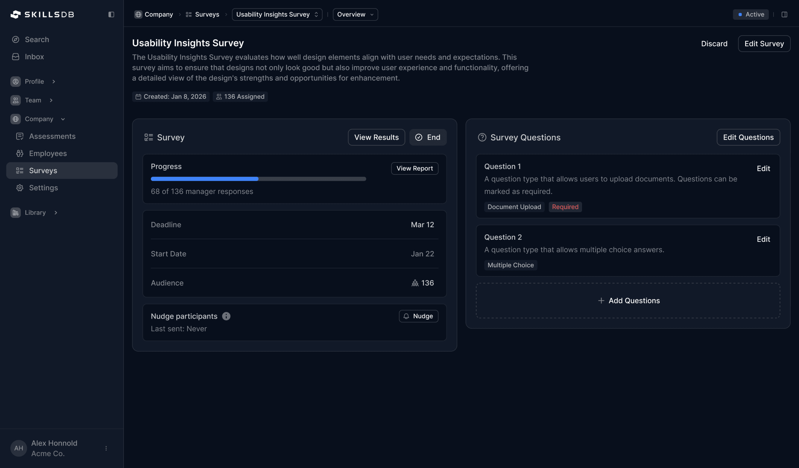 Survey management dashboard showing a list of active surveys with status badges (Launched, Scheduled, Draft), completion percentages via progress bars, and population counts